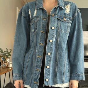 Women's Distressed Blue Denim Jacket - Relaxed Longline Jean Jacket